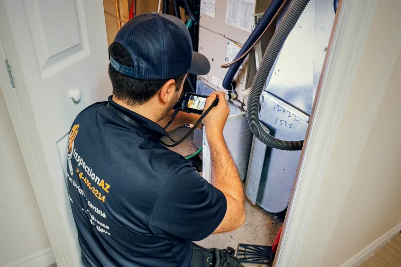 Inspector checking the fittings on a water heater in a mechanical room.