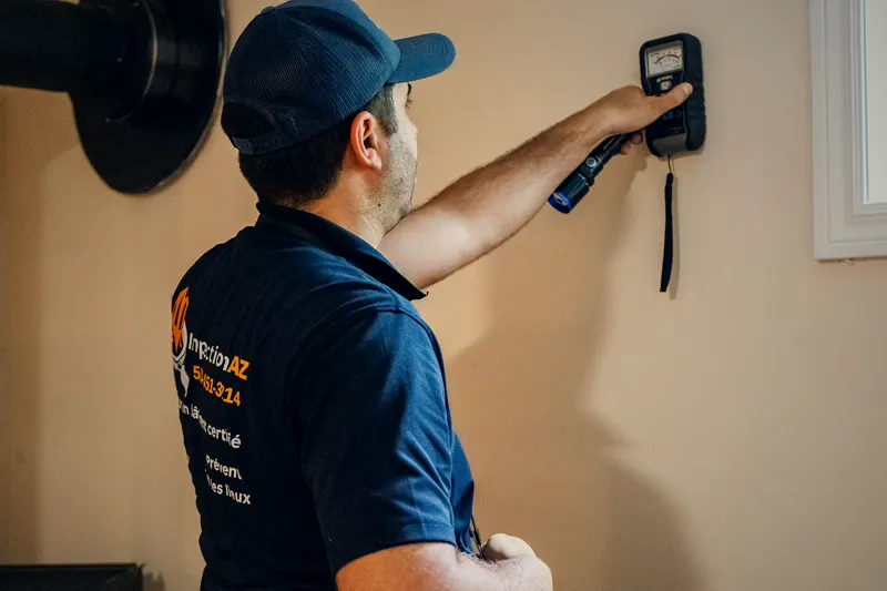 Inspector pressing a moisture meter against an interior wall.